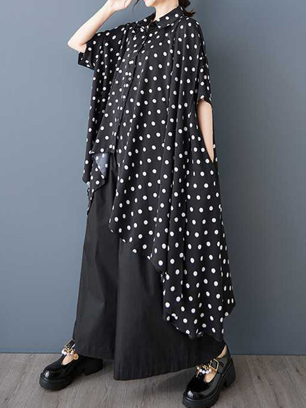 Robe chemise asymétrique boutonnée coupe trapèze, à ourlet plongeant, à pois, à col revers
