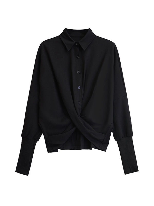 Chemisier tendance boutonné à coupe irrégulière et col revers torsadé, couleur unie