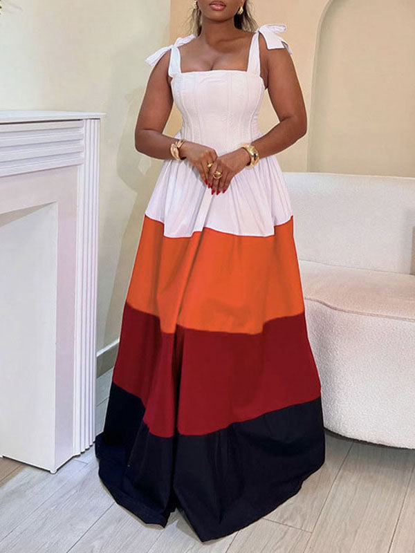 Robe longue plissée nouée coupe trapèze, taille haute, à poches, à fermeture éclair, à fines bretelles, couleur contrastée