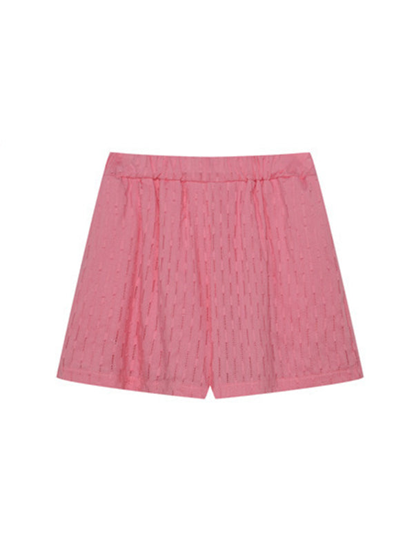Ensemble deux pièces boutonné à ourlet plongeant, à manches longues, en jacquard, à col revers, couleur unie – chemise + haut + short