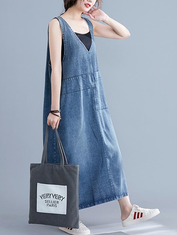 Robe mi-longue ample sans manches, en jean, à col en V