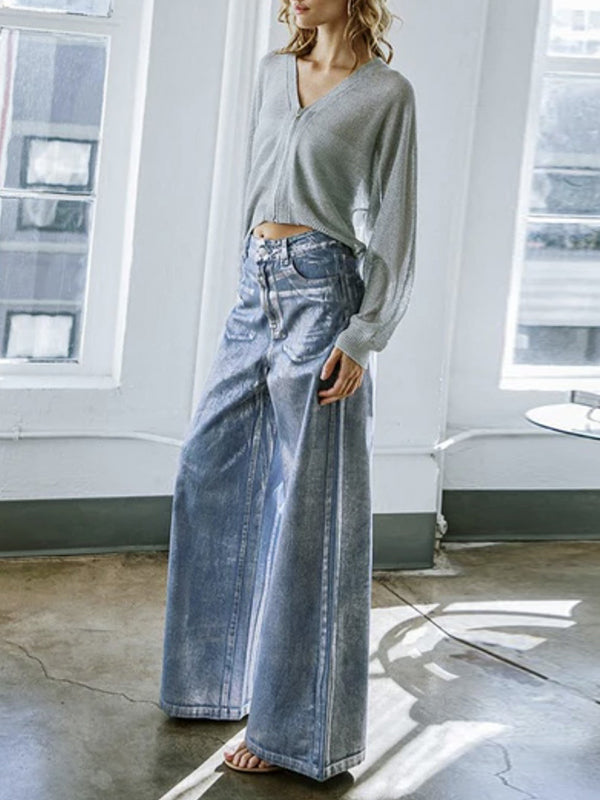 Jean ample imprimé taille haute, à empiècements