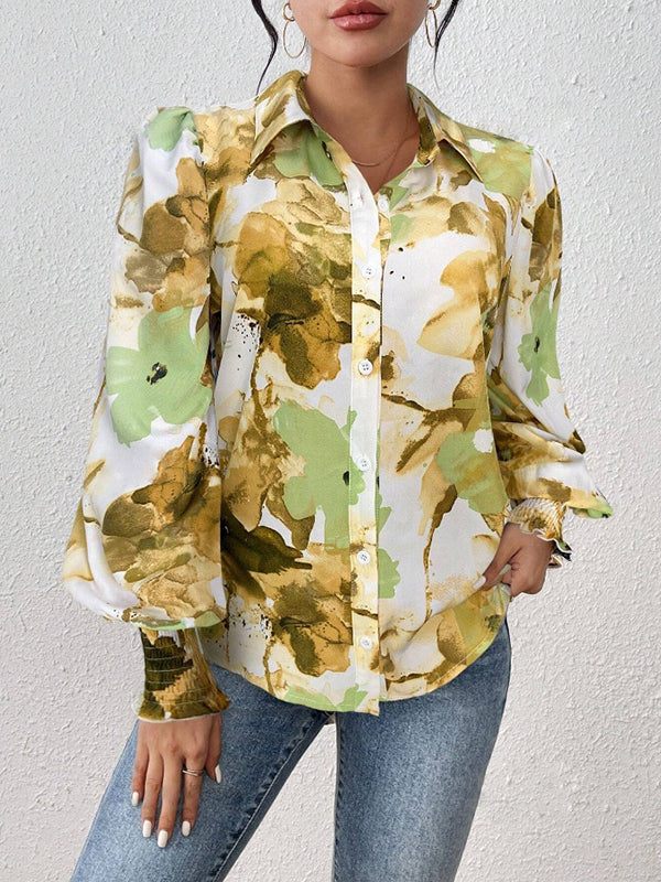 Chemisier ample boutonné plissé à manches longues, à taille élastique, à imprimé floral, à col revers
