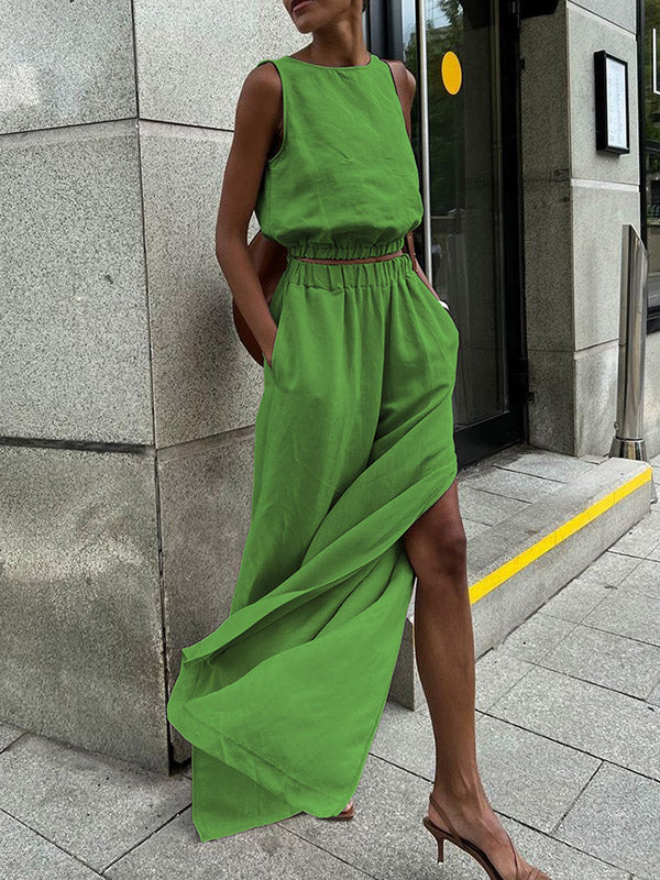 Ensemble deux pièces avec gilet à col rond et pantalon taille haute fendu sur le côté, élasticité ample, couleur unie