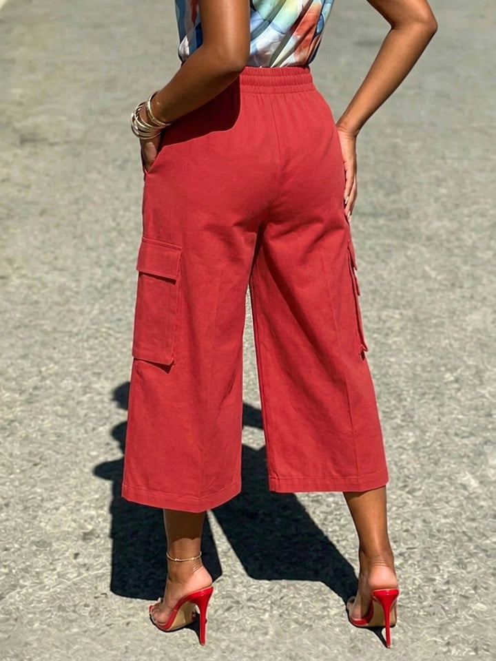 Pantalon ample taille haute, à taille élastique, à poches, couleur unie