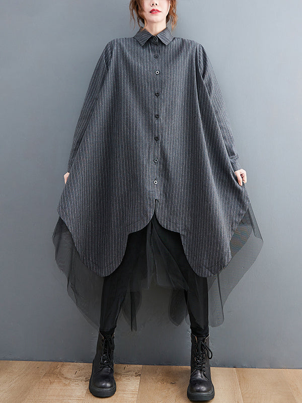 Robe ample rayée longue en gaze, à empiècements, à col revers