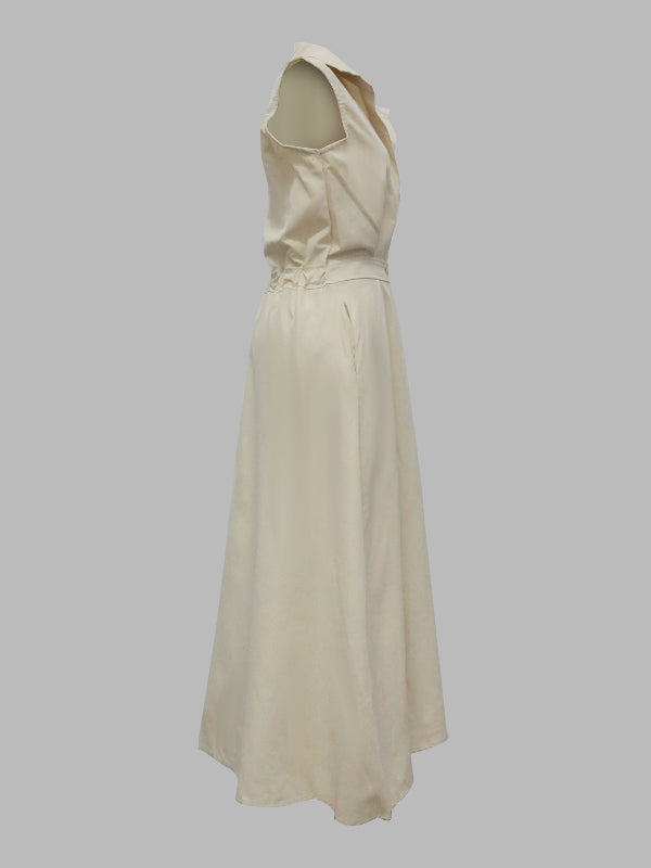 Robe mi-longue sans manches, à col revers, couleur unie