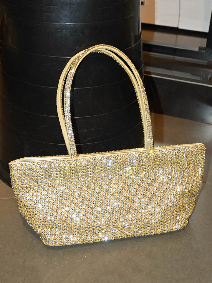 Sac besace à fermeture éclair, à strass, couleur unie