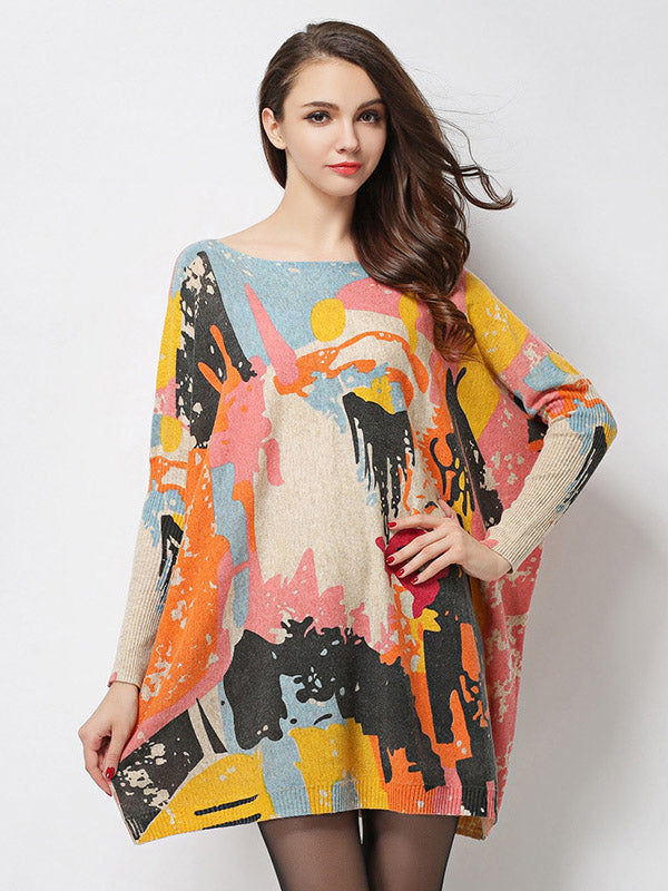 Pull vintage imprimé en laine mélangée de couleur contrastée