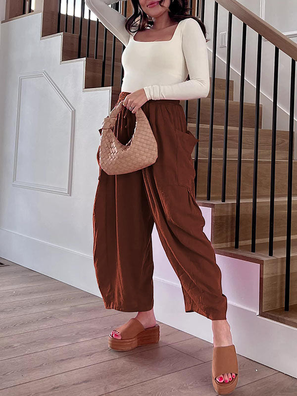 Pantalon ample plissé taille haute, à cordon de serrage, à taille élastique, à poches, couleur unie