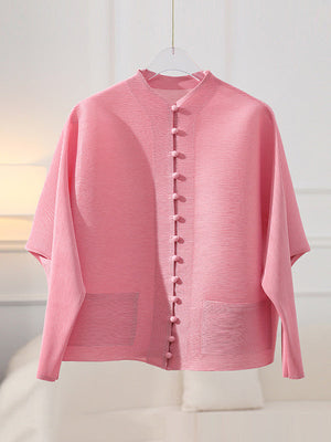 Veste ample boutonnée plissée à manches longues, à poches, à col rond, couleur unie