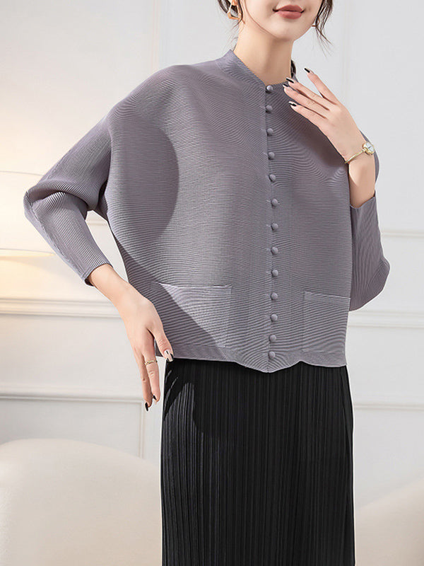 Veste ample boutonnée plissée à manches longues, à poches, à col rond, couleur unie