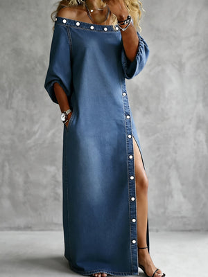 Robe longue boutonnée à poches, à manches trois-quarts, coupe droite, à épaules dénudées, couleur unie