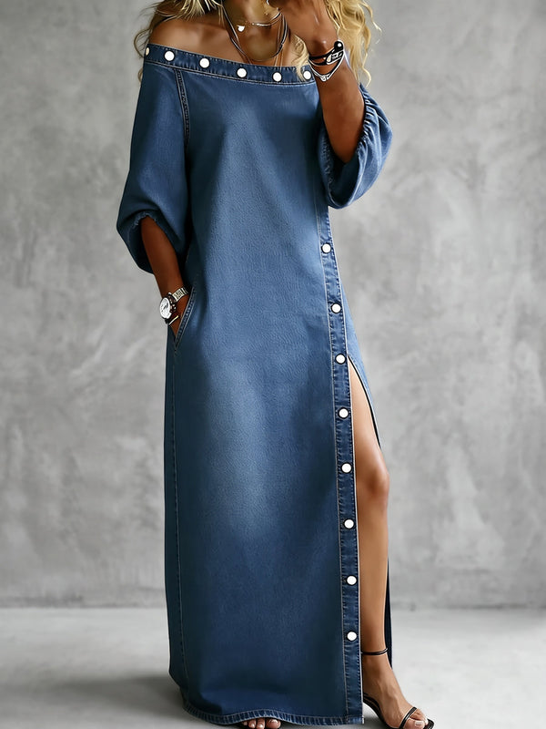 Robe longue boutonnée à poches, à manches trois-quarts, coupe droite, à épaules dénudées, couleur unie