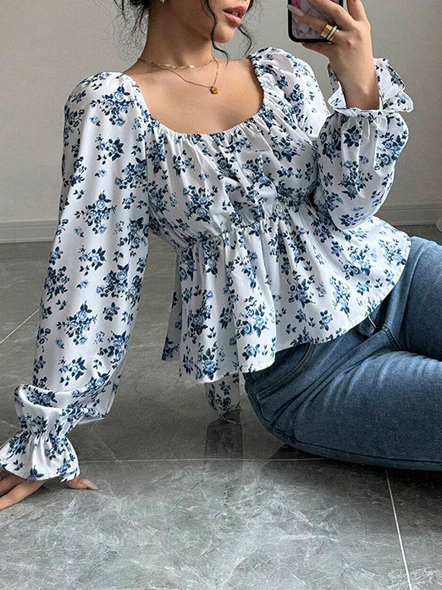 Chemisier plissé volanté à taille élastique, taille haute, à imprimé floral, à empiècements, à col carré, couleur contrastée