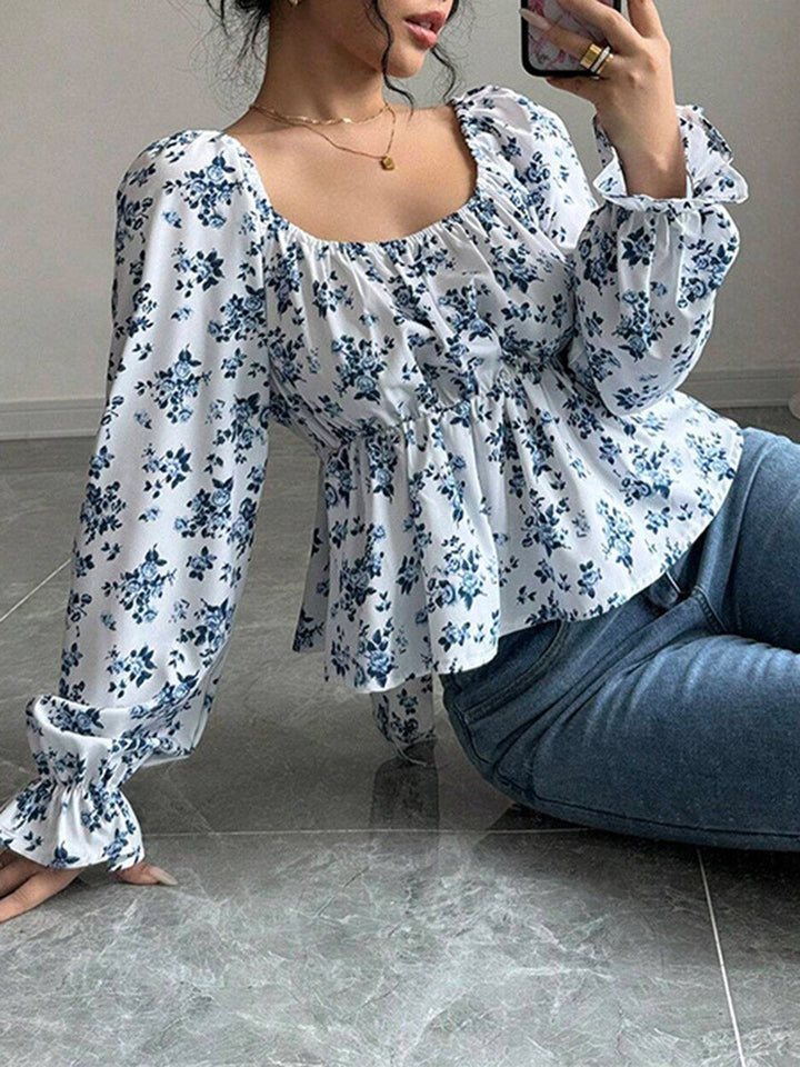 Chemisier plissé volanté à taille élastique, taille haute, à imprimé floral, à empiècements, à col carré, couleur contrastée