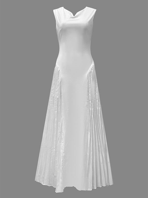 Robe longue ample plissée coupe trapèze, à col en V, couleur unie