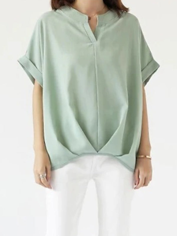 T-shirt ample plissé grande taille, à col en V, couleur unie