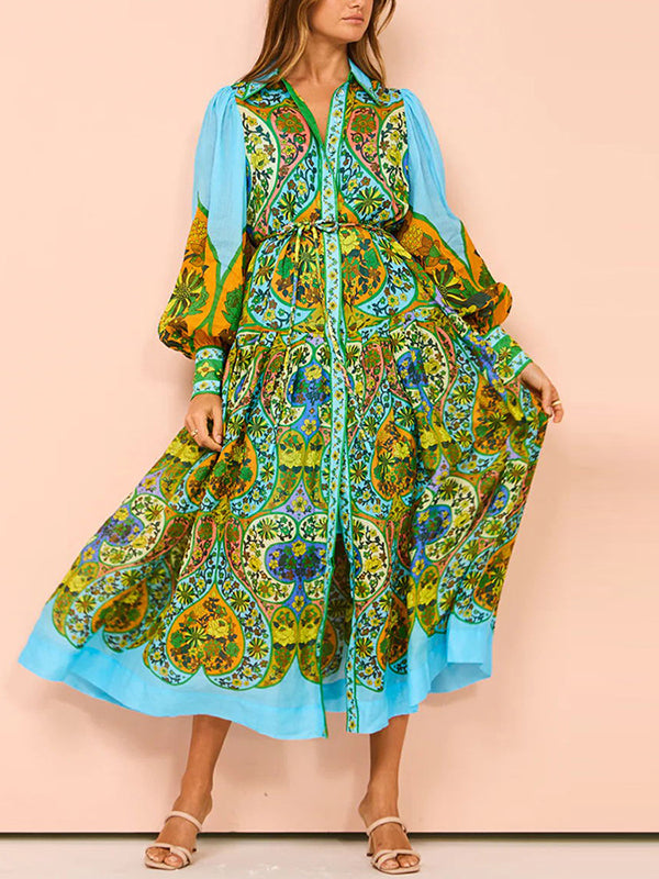 Robe mi-longue ample taille haute, à manches bouffantes, avec ceinture, à imprimé floral, à col revers