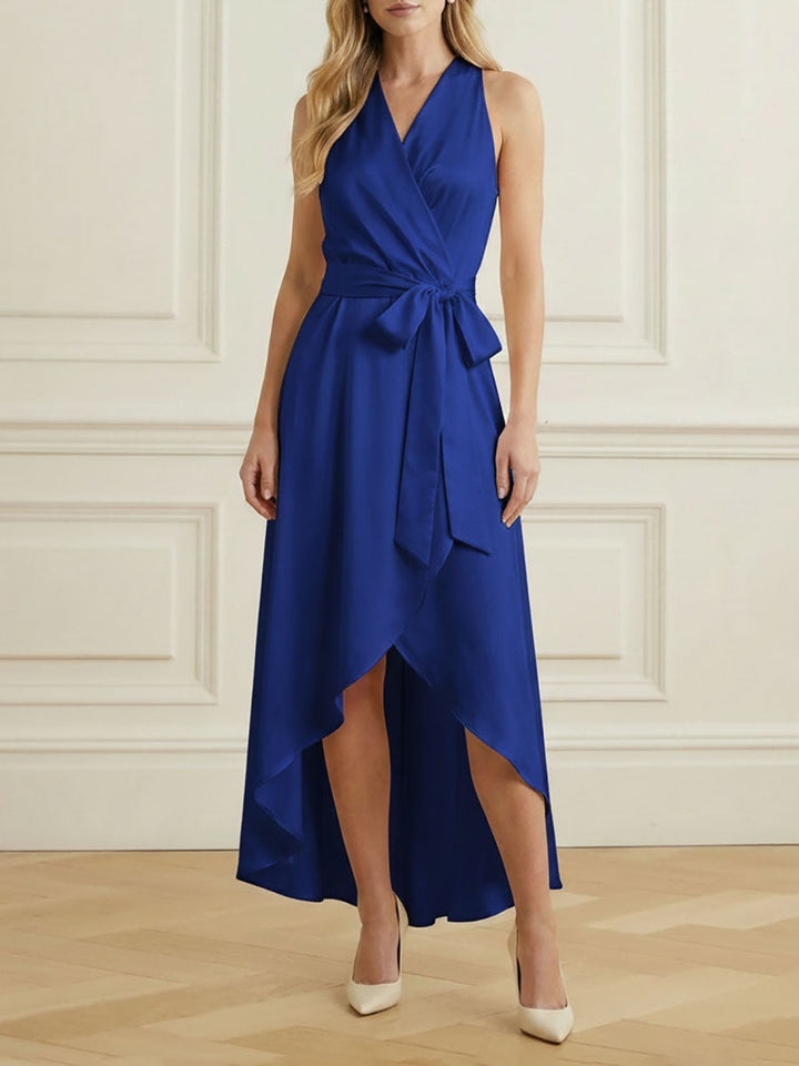 Robe longue ample à ourlet plongeant, à bordure volantée, à taille nouée, à col en V, couleur unie