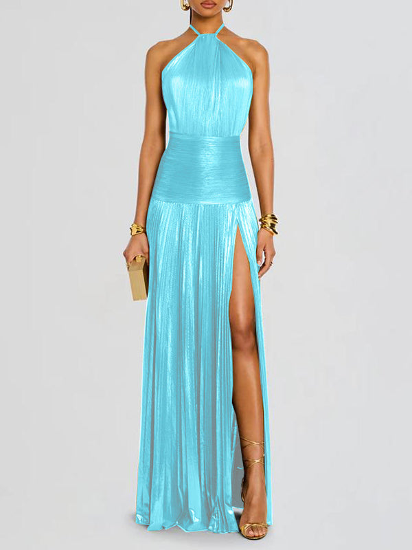 Robe longue plissée brillante fendue sur le côté à taille élastique, sans manches, à col licou, couleur unie
