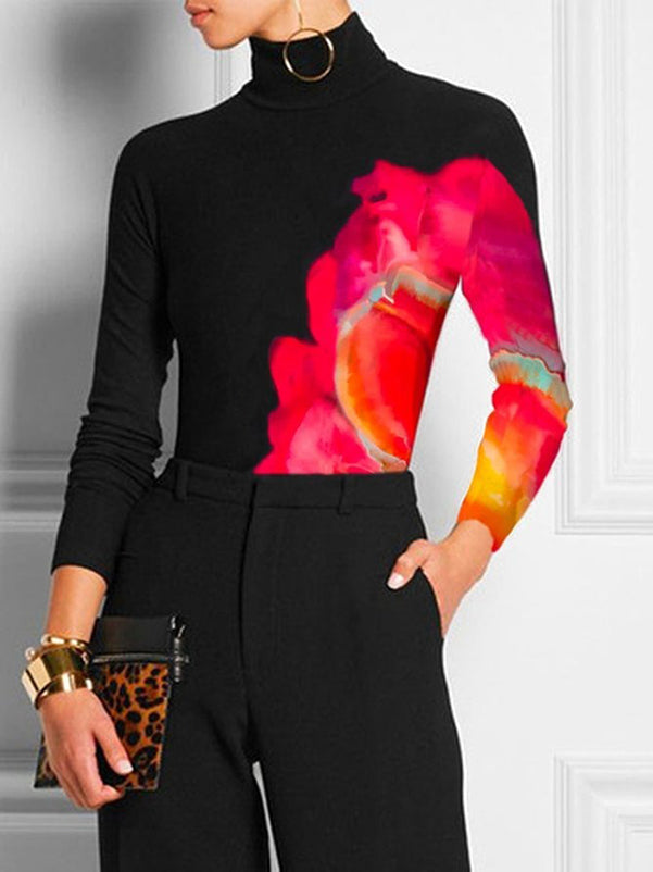 T-shirt imprimé à manches longues, coupe près du corps, à col haut, couleur contrastée