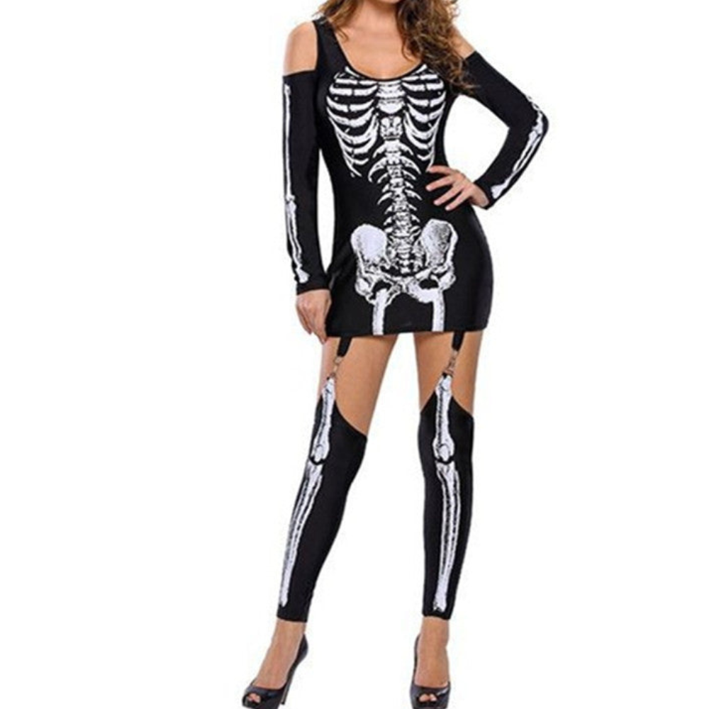 Ensemble de costume d'Halloween pour femmes | Sans épaules & avec imprimé squelette