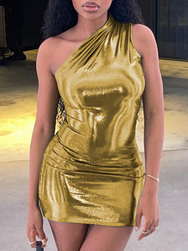 Robe courte asymétrique brillante coupe près du corps, à empiècements, asymétrique à une épaule, couleur unie