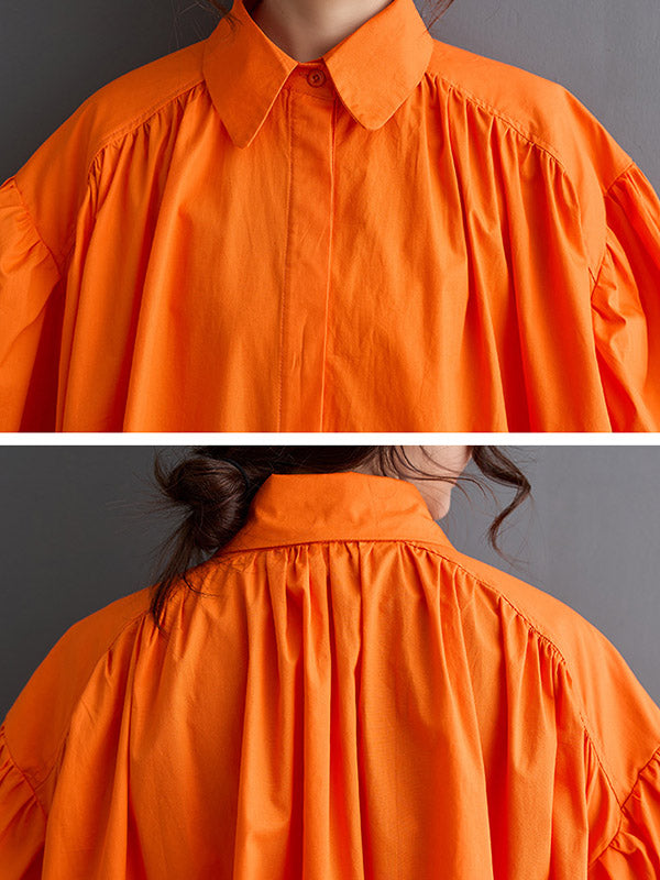 Robe chemise ample plissée à manches bouffantes, à empiècements, à col revers, couleur contrastée
