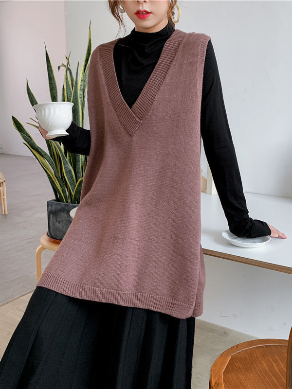 Gilet tricoté sans manches à la mode, fendu sur le côté, couleur unie, col en V