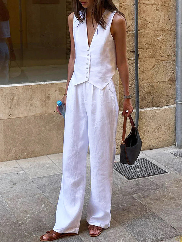Ensemble deux pièces boutonné plissé sans manches, à décolleté en V profond, à jambes droites, couleur unie – débardeur + pantalon