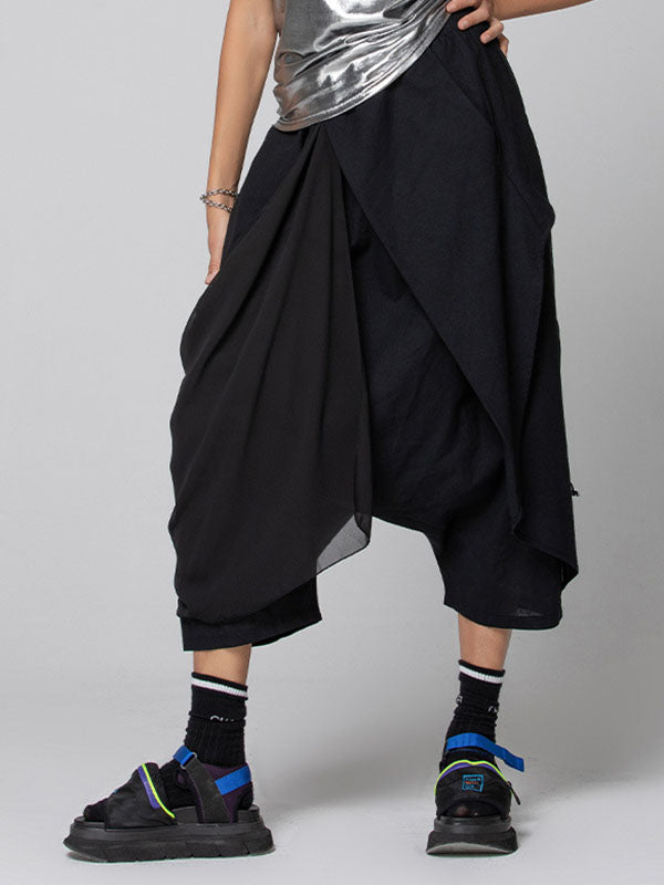 Pantalon 7/8 ample plissé couleur unie