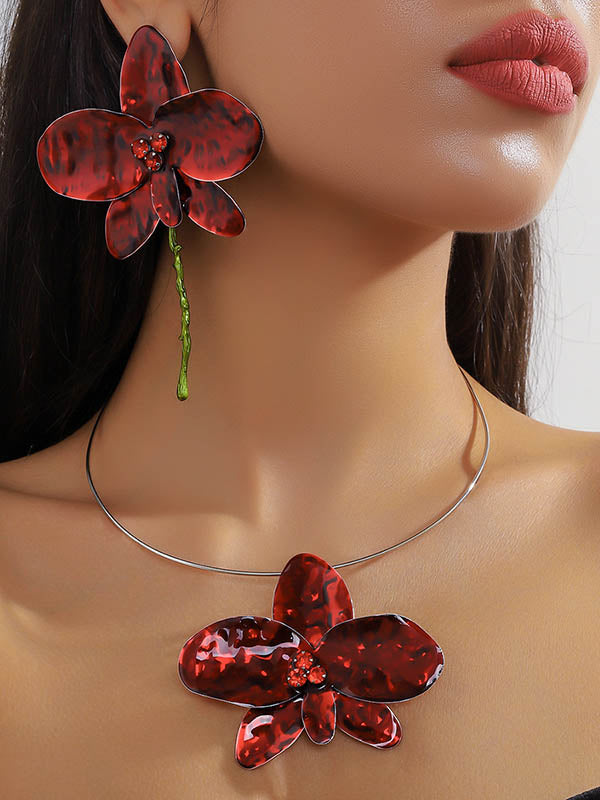 Parure collier et boucles d'oreilles brillante en forme de fleur, à empiècements