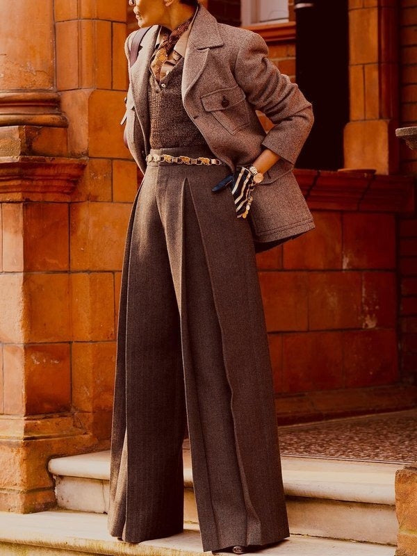 Pantalon ample plissé taille haute, à poches, couleur unie