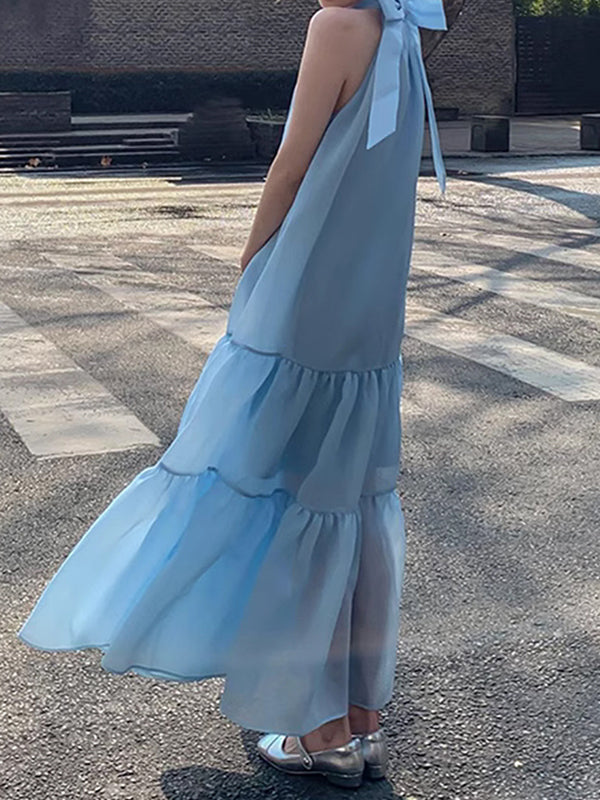 Robe mi-longue ample sans manches, à col licou, couleur unie