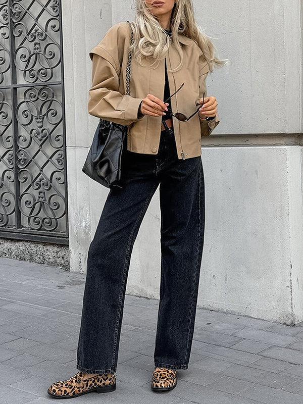 Veste ample boutonnée à manches longues, à taille élastique, à fermeture éclair, à col revers, couleur unie