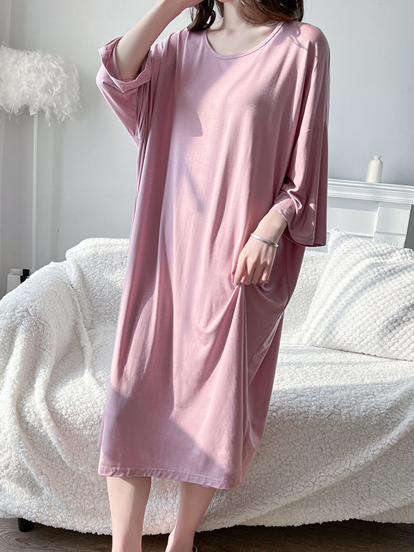 Robe de pyjama ample à taille haute, couleur unie, fendue, col rond