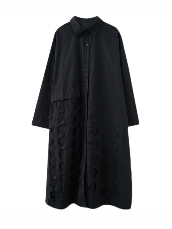 Robe mi-longue asymétrique ajourée coupe trapèze, à manches longues, à pois, à col revers, couleur unie