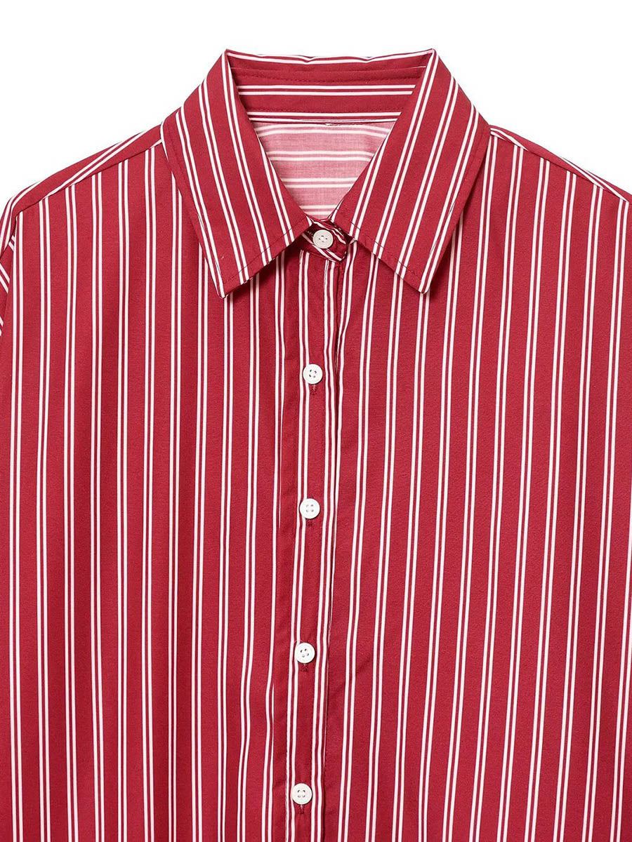 Chemisier rayé boutonné ample à manches longues, à col revers, couleur contrastée