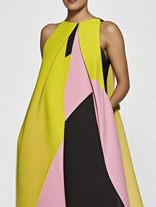 Trapèze Ample Color-Block Plissé Jointure Fendue Col Rond Robes longues