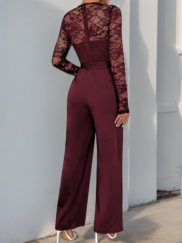 Combinaison transparente coupe droite, taille haute, à empiècements, à taille nouée, à col rond, couleur unie