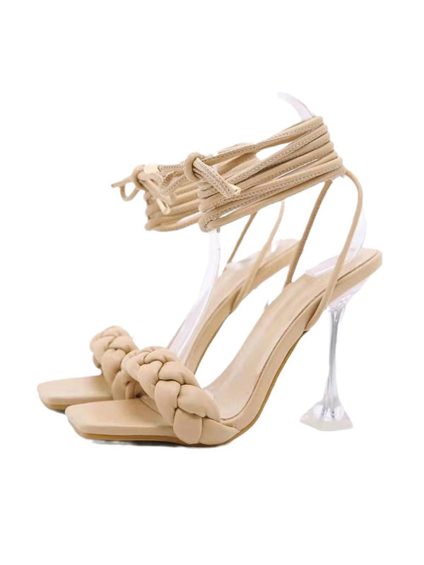 Sandales à talons à lacets, à bout ouvert, à empiècements, à bout carré