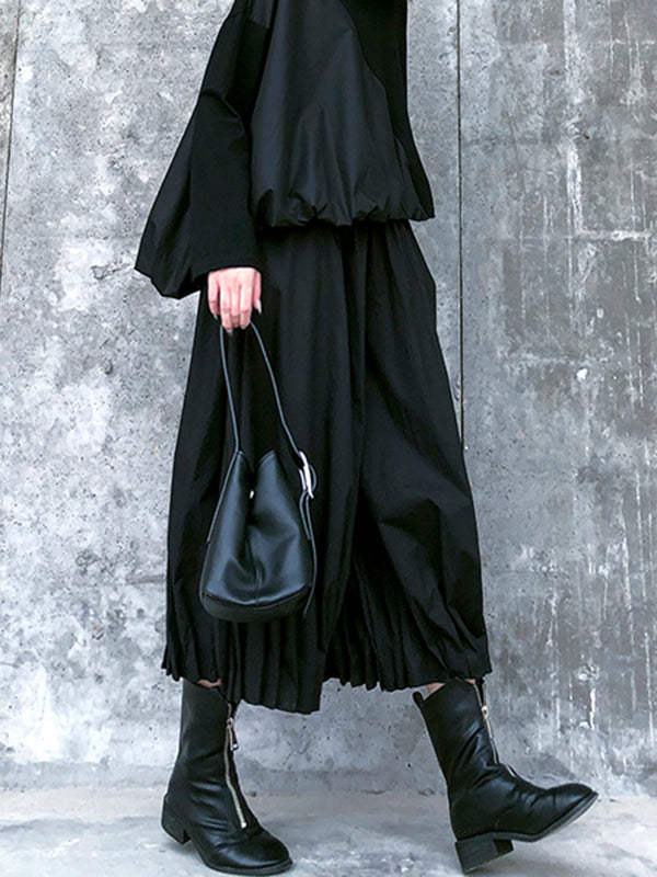 Pantalon élégant noir taille haute, à jambes larges, couleur unie