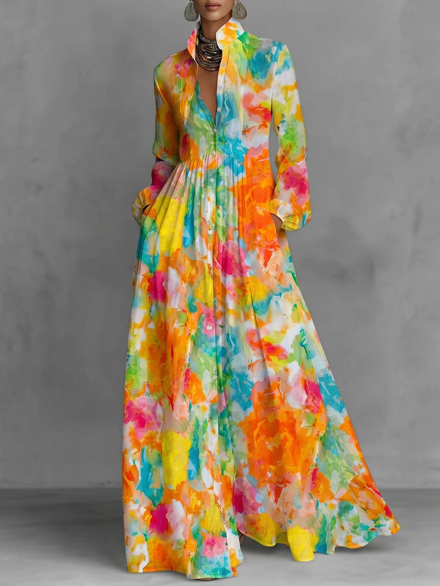 Robe chemise boutonnée plissée imprimée coupe trapèze, à manches longues, à poches, à col revers, couleur contrastée