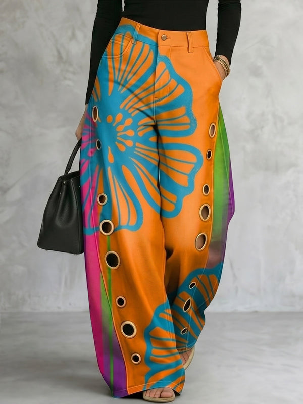 Pantalon ample boutonné ajouré imprimé à jambes larges, couleur contrastée