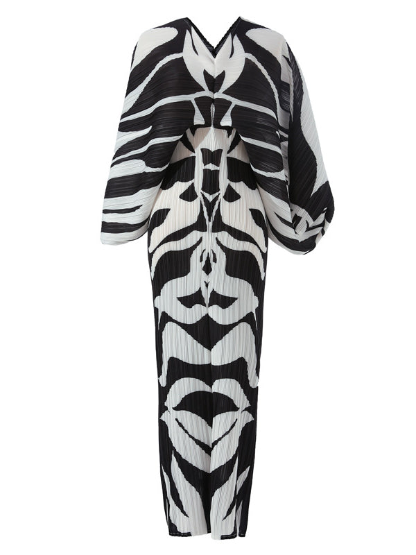 Robe mi-longue imprimée plissée à manches chauve-souris, à manches longues, à col en V, couleur contrastée