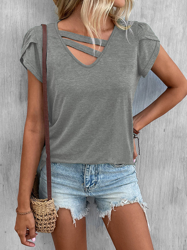 T-shirt ample à manches courtes, à col en V, couleur unie