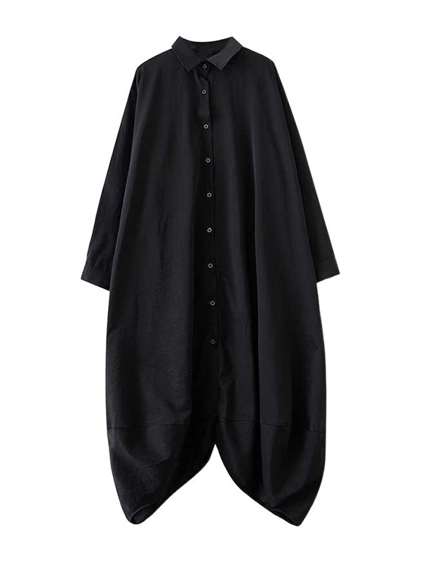 Robe chemise boutonnée coupe trapèze, à manches longues, à poches, à empiècements, à col revers, couleur unie