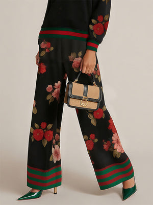 Pantalon taille haute, à jambes larges, à imprimé floral, à empiècements, couleur contrastée