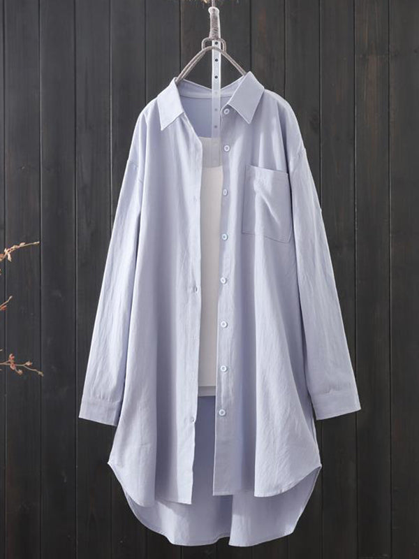 Chemise à ourlet plongeant, à manches longues, à col revers, couleur unie